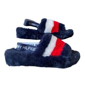 Tommy Hilfiger Laydown Faux Fur Slingback Slippers Navy Red White Blue Sz 6M